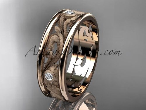 Diamond Leaf and Vine Wedding Band, Rose Gold Ornament Ring