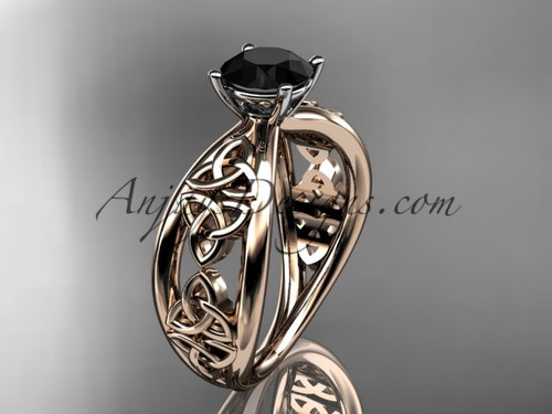 14kt rose gold celtic trinity knot wedding ring, engagement ring with a Black Diamond center stone CT7171
