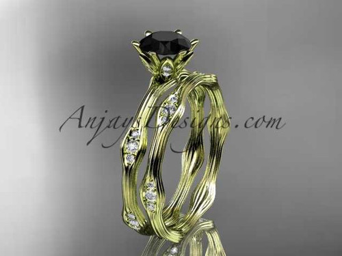 14kt yellow gold diamond wedding ring, engagement ring, engagement set with a Black Diamond center stone ADLR132S