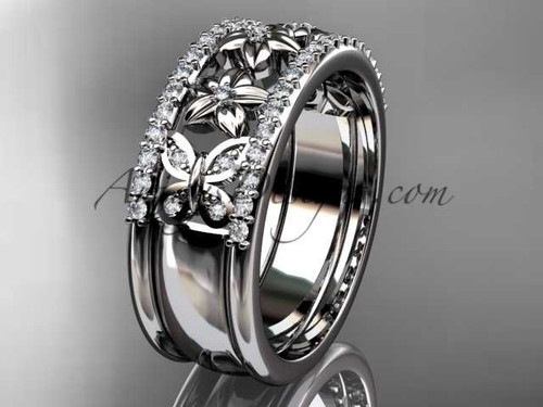 14kt white gold diamond engagement ring, butterfly engagement ring, flower wedding band ADLR500B