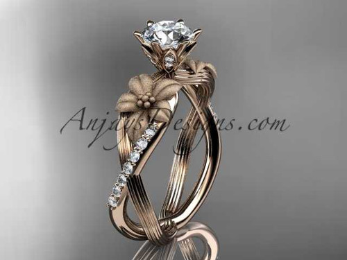 Unique "Forever One" Moissanite Flower Engagement Ring, 14kt Rose Gold Diamond Ring ADLR221