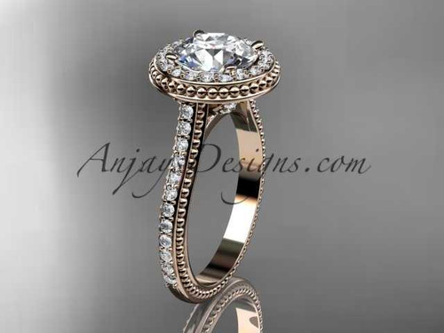 Unique Halo Diamond Engagement ring, 14kt Rose Gold Ring with a "Forever One" Moissanite center stone ADER97