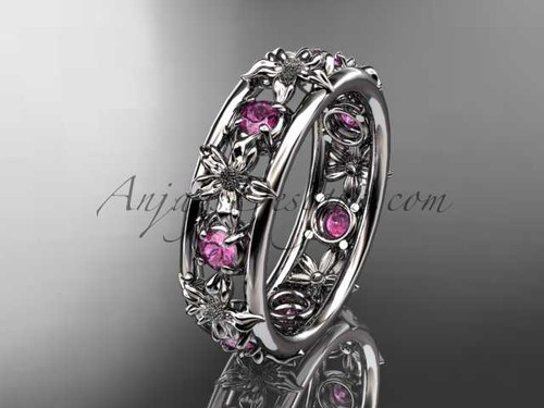 Nature Inspired Jewelry 14kt White Gold Flower Wedding Band with Pink Sapphires ADLR160B
