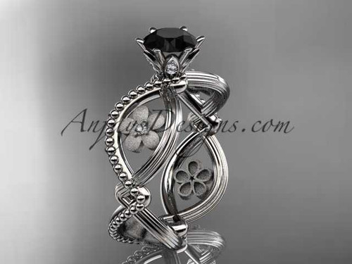 14kt white gold diamond floral wedding ring, engagement ring with a Black Diamond center stone ADLR192