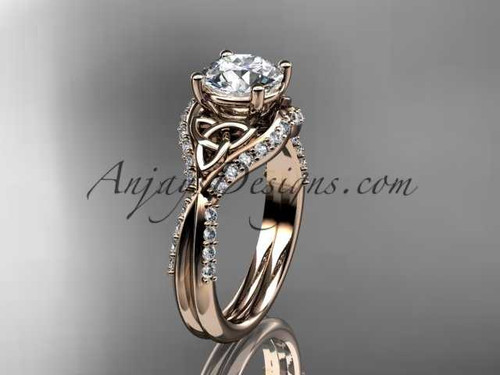 14kt rose gold diamond celtic trinity knot wedding ring, engagement ring with a "Forever One" Moissanite center stone CT7224