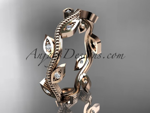 Artisan Diamond Leaf and Vine Wedding Band, 14kt Rose Gold Adorable Engagement Ring 