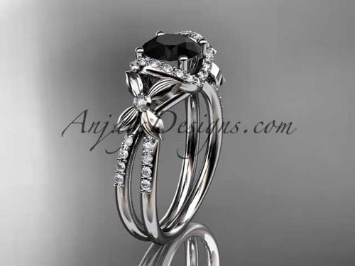 14kt white gold diamond floral wedding ring, engagement ring with a Black Diamond center stone ADLR140