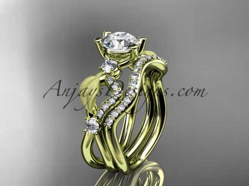 14kt yellow gold diamond leaf and vine wedding ring, engagement set with "Forever One" Moissanite center stone ADLR68S
