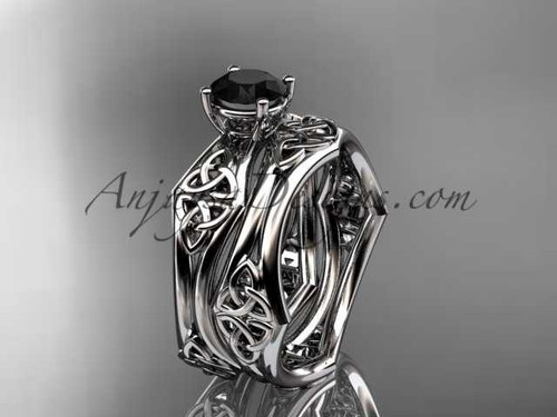 14kt white gold celtic trinity ring, triquetra ring, engagement set with a Black Diamond center stone CT7356S