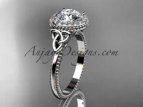 Amazing Halo Diamond Moissanite Ring, Platinum Celtic Triquetra Engagement Ring CT7157