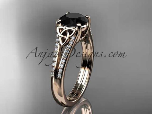 14kt rose gold celtic trinity knot engagement ring ,diamond wedding ring with a Black Diamond center stone CT7108