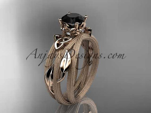 14kt rose gold diamond celtic trinity knot wedding ring, engagement ring with a Black Diamond center stone CT7253