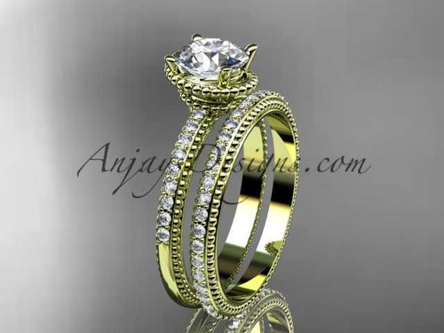 14kt yellow gold diamond unique engagement set, wedding ring with "Forever One" Moissanite center stone ADER86S