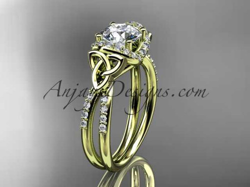 1ct lab grown diamond halo Celtic engagement ring, 14k yellow gold