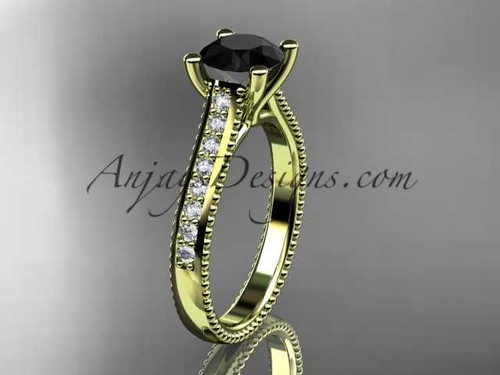14kt yellow gold diamond unique engagement ring, wedding ring with a Black Diamond center stone ADER116