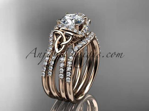 14kt rose gold diamond celtic trinity knot wedding ring, engagement ring with a "Forever One" Moissanite center stone and double matching band CT7155S