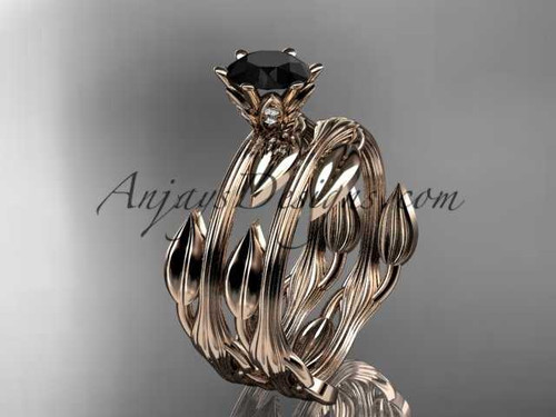 14k rose gold leaf and vine wedding ring, engagement set with a Black Diamond center stone ADLR343S