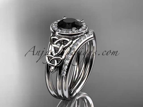14kt white gold diamond celtic trinity knot wedding ring, engagement set with a Black Diamond center stone CT7131S