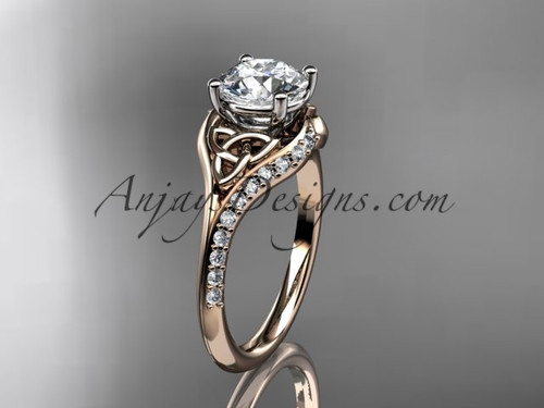 14kt rose gold diamond celtic trinity knot wedding ring, engagement ring with a "Forever One" Moissanite center stone CT7125