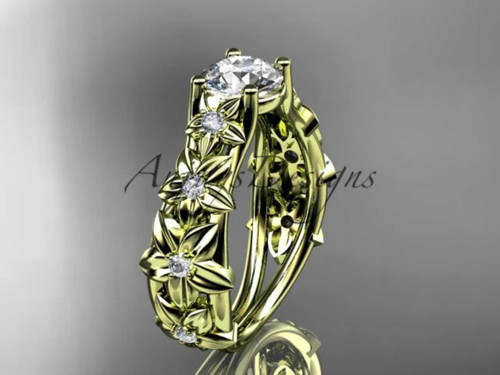Flawless Moissanite Wedding Ring, 14kt Yellow Gold Floral Engagement Ring ADLR149
