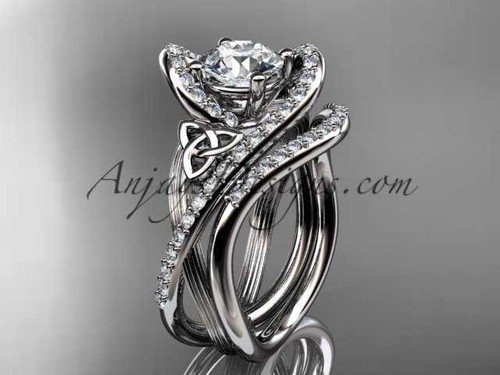 14kt white gold diamond celtic trinity knot wedding ring, engagement set with a "Forever One" Moissanite center stone CT7369S