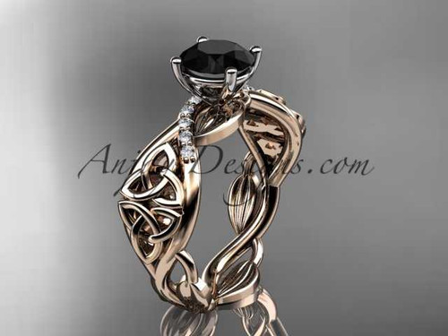 14kt rose gold diamond celtic trinity knot wedding ring, engagement ring with a Black Diamond center stone CT7270