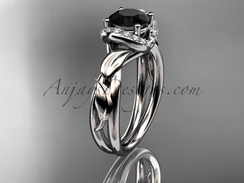 14kt white gold diamond leaf and vine wedding ring, engagement ring with a Black Diamond center stone ADLR289