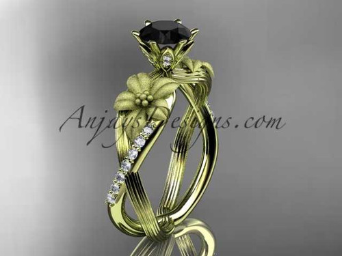 Unique 14kt yellow gold diamond flower, leaf and vine wedding ring, engagement ring with a Black Diamond center stone ADLR221