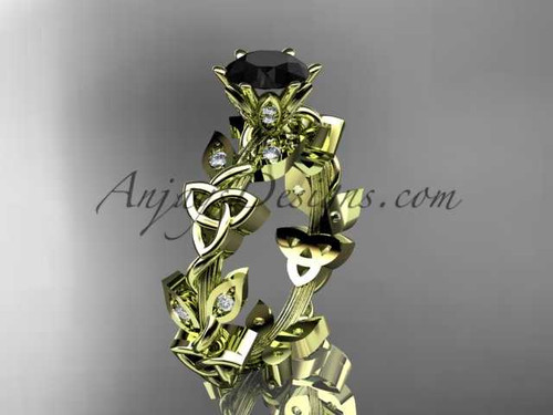 14kt yellow gold diamond celtic trinity knot wedding ring, engagement ring with a Black Diamond center stone CT7209
