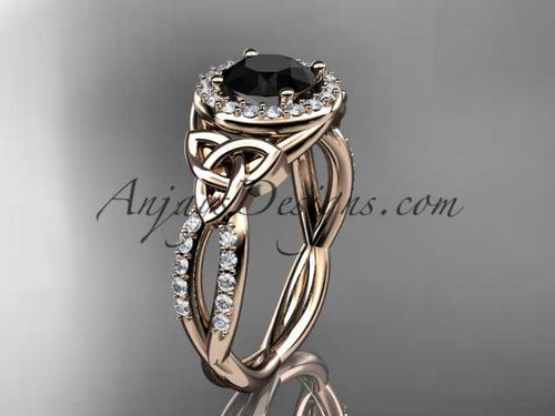 14kt rose gold diamond celtic trinity knot wedding ring, engagement ring with a Black Diamond center stone CT7127