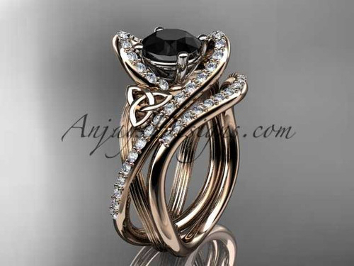 14kt rose gold diamond celtic trinity knot wedding ring, engagement set with a Black Diamond center stone CT7369S
