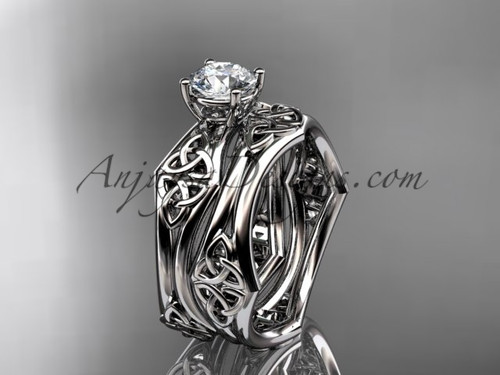 Crafted Celtic Bridal Set, White Gold Triquetra Wedding Ring