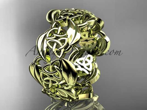 14kt yellow gold leaf and celtic trinity knot wedding band, engagement ring CT7262G