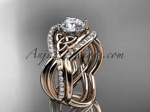 14kt rose gold celtic trinity knot engagement ring, wedding ring with double matching band CT790S