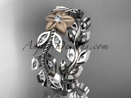14kt two-tone gold diamond flower, leaf and vine wedding ring, engagement ring, wedding band ADLR161B
