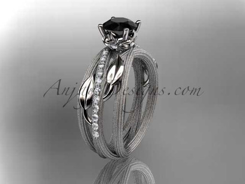 Platinum diamond leaf and vine wedding ring, engagement ring with a Black Diamond center stone ADLR329