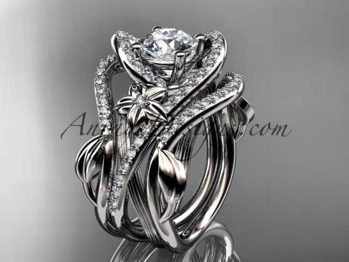 Platinum diamond leaf and vine engagement ring with "Forever One" Moissanite center stone and double matching band ADLR369S Platinum diamond leaf and vine engagement ring with "Forever One" Moissanite center stone and double matching band ADLR369S