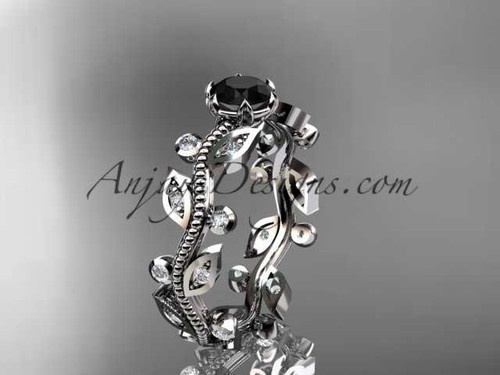 14k white gold diamond floral leaf and vine wedding ring, engagement ring with a Black Diamond center stone ADLR1