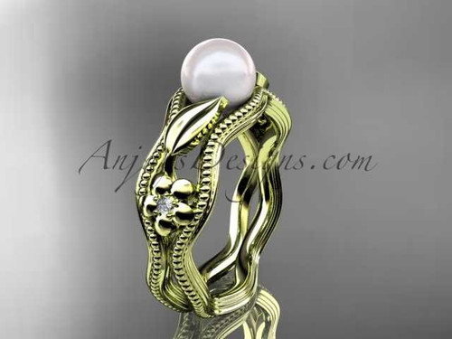 14kt yellow gold diamond pearl flower, leaf and vine engagement ring AP382