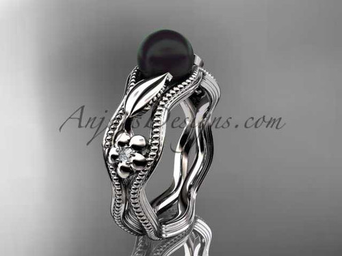 14kt white gold diamond Round Tahitian Black Cultured Pearl flower, leaf and vine engagement ring ABP382