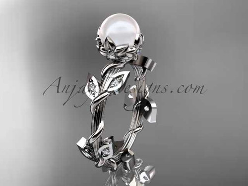 Platinum diamond leaf and vine, floral pearl wedding ring, engagement ring AP20