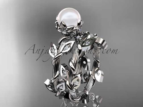 Platinum diamond leaf and vine, floral pearl wedding set, engagement set AP20S