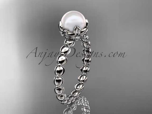 Contemporary Pearl Engagement Ring, Platinum Flower Wedding Ring AP34