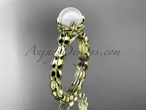 14kt yellow gold diamond leaf and vine, floral pearl wedding ring, engagement ring AP35