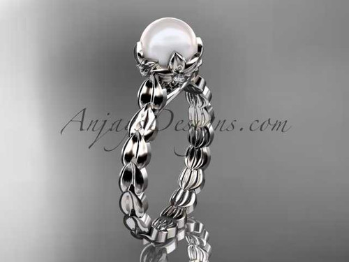 Platinum diamond leaf and vine, floral pearl wedding ring, engagement ring AP35