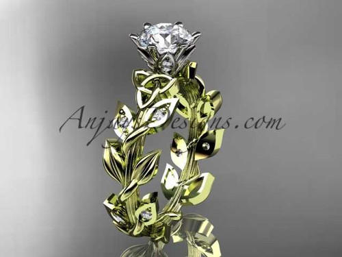 Celtic and Leaf Pattern Wedding Ring, 14kt Yellow Gold Diamond Engagement Ring CT7124