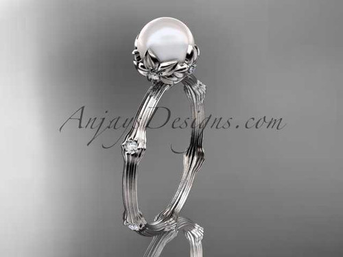 Platinum diamond pearl vine and leaf engagement ring AP38