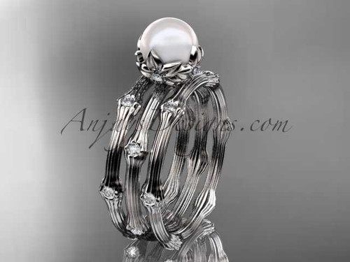 14k white gold diamond pearl vine and leaf engagement ring with double matching band AP38S