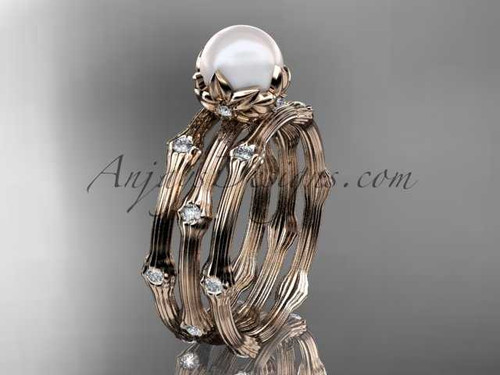 14k rose gold diamond pearl vine and leaf engagement ring with double matching band AP38S