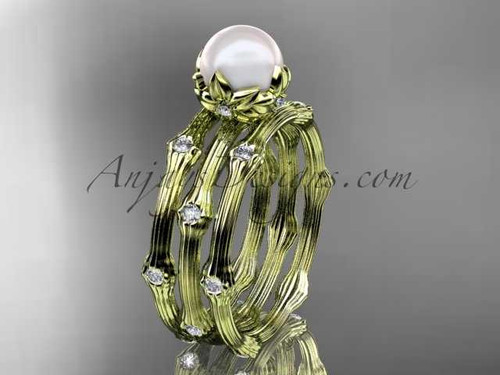 14k yellow gold diamond pearl vine and leaf engagement ring with double matching band AP38S